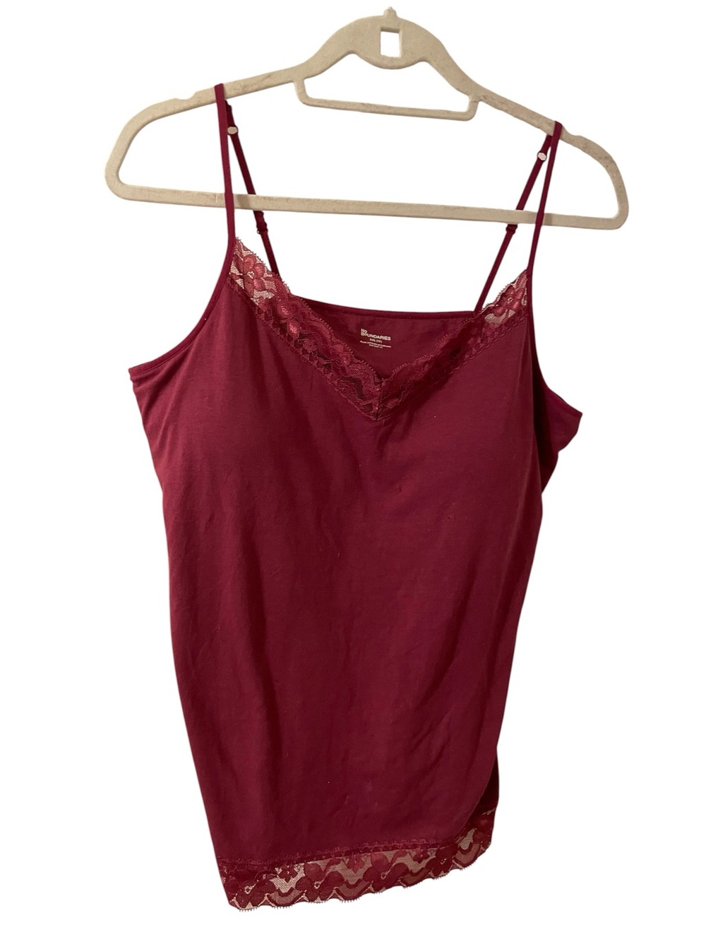 No Boundaries Burgundy Lace-Trim Camisole with built in bra. New with tags. XXL.
